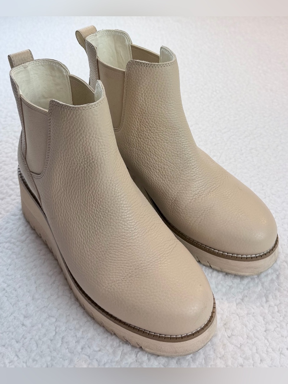 COLE HAAN • Zerogrand Beige/Cream Pebble Leather Chelsea Wedge Ankle Booties, 7 - Picture 8 of 16
